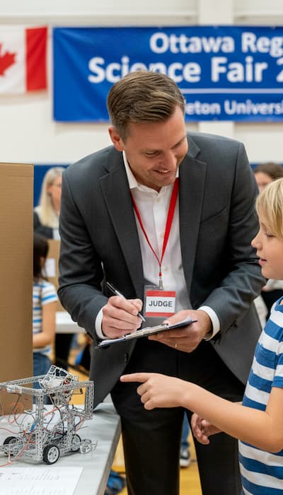 Science fair judge interviewing a young student about their robot project.