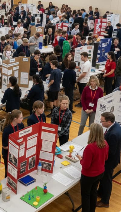 Overhead view of students and judges at a busy science fair.